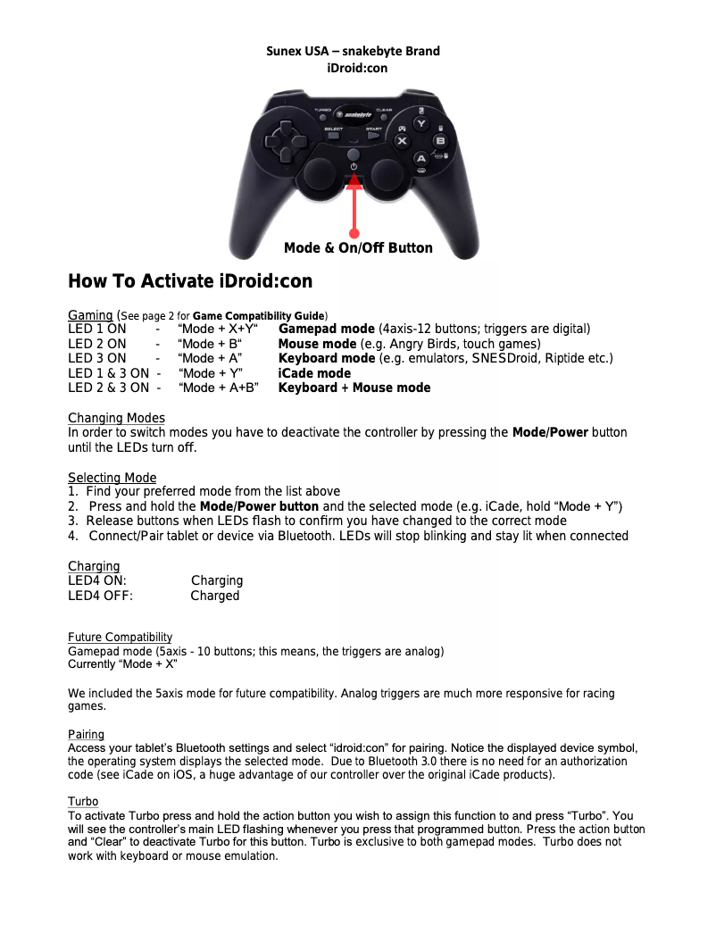 Page 1 de la notice Manuel utilisateur Snakebyte Idroid:con Controller