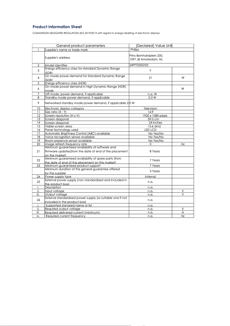 Page 1 de la notice Fiche technique Philips 24PFT5505