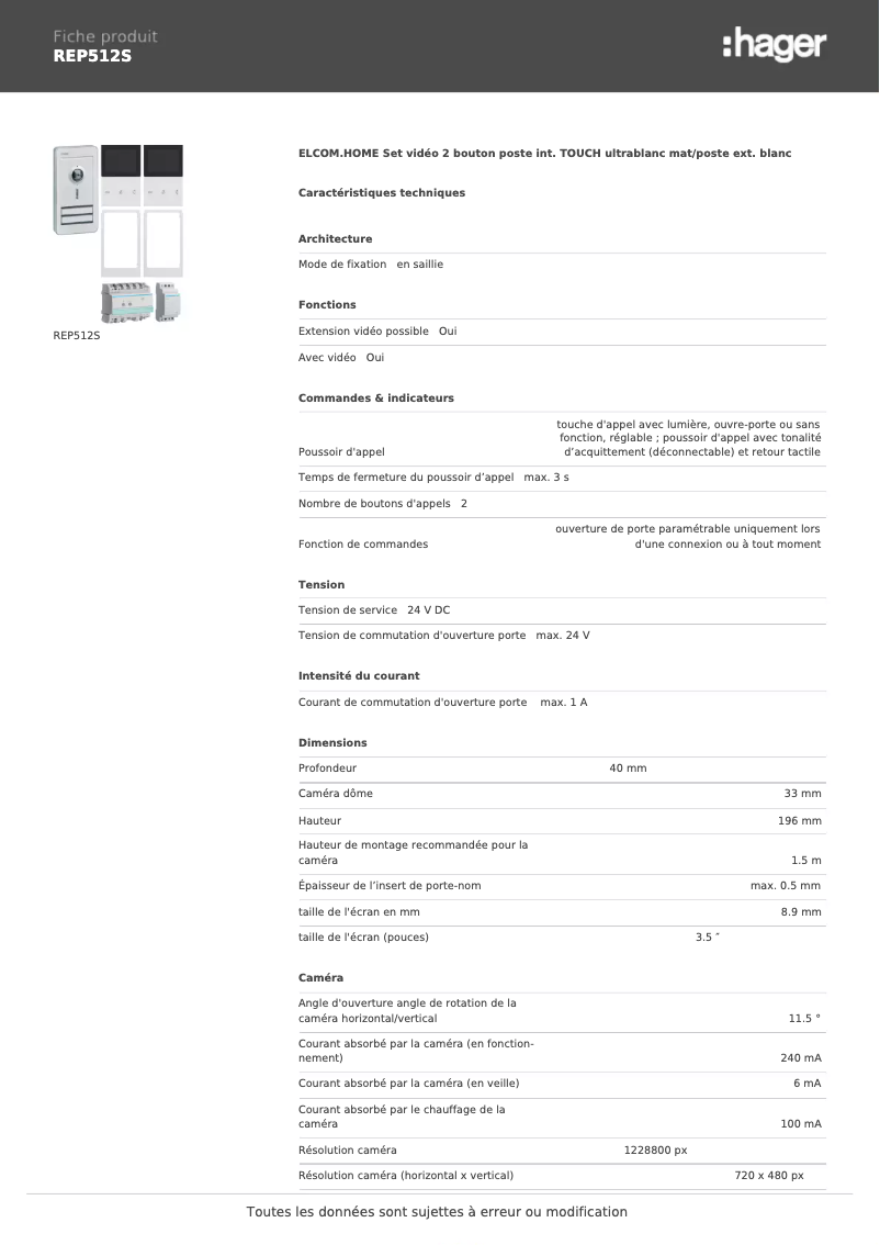 Page n°1 - Fiche technique Hager REP512S