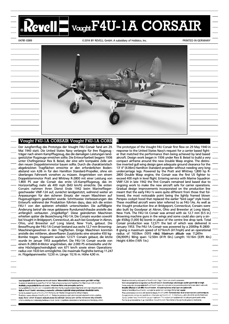 Page 1 de la notice Manuel utilisateur Revell Vought F4U-1A CORSAIR