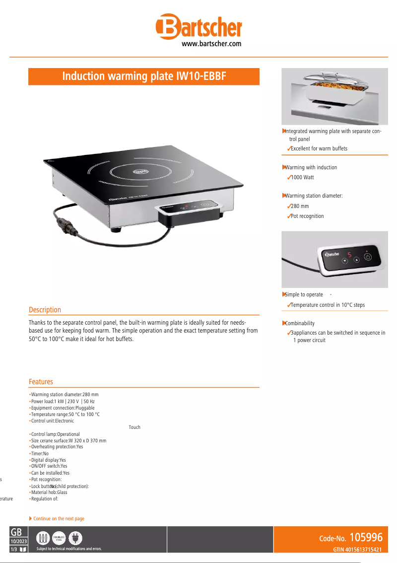 Página 1 del manual Ficha técnica Bartscher IW10-EBBF