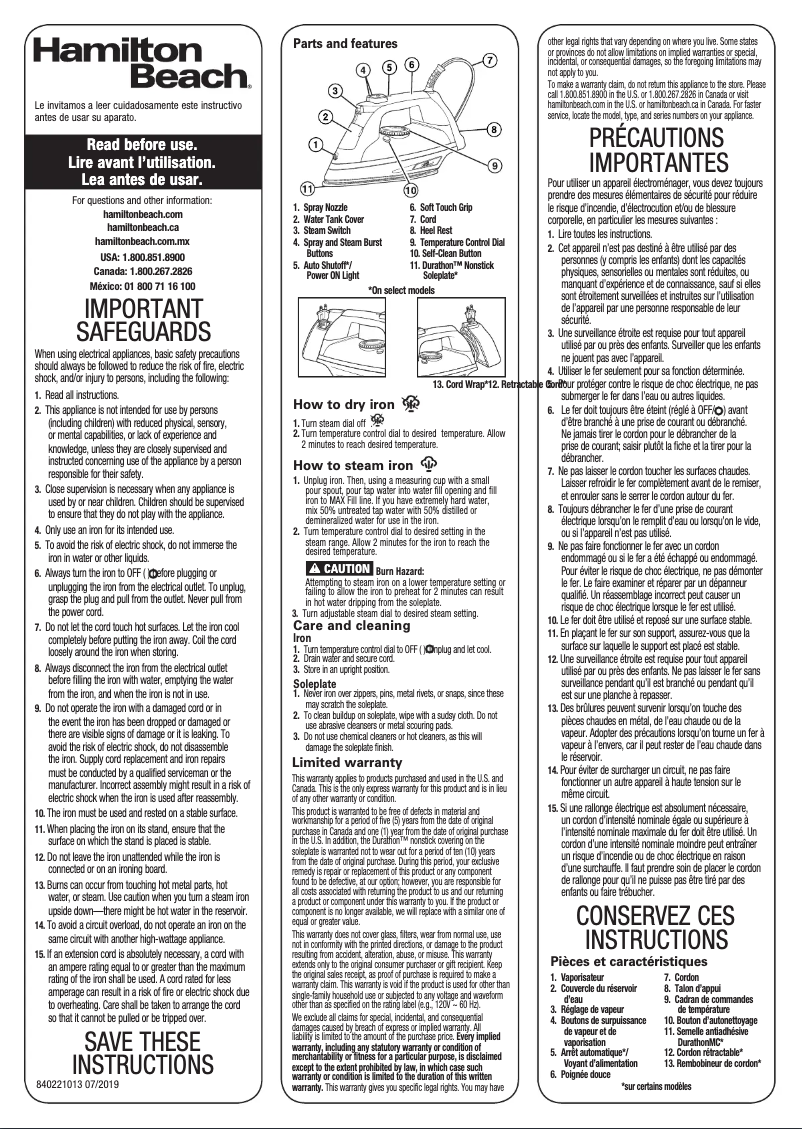 Page 1 de la notice Manuel utilisateur Hamilton Beach 19805
