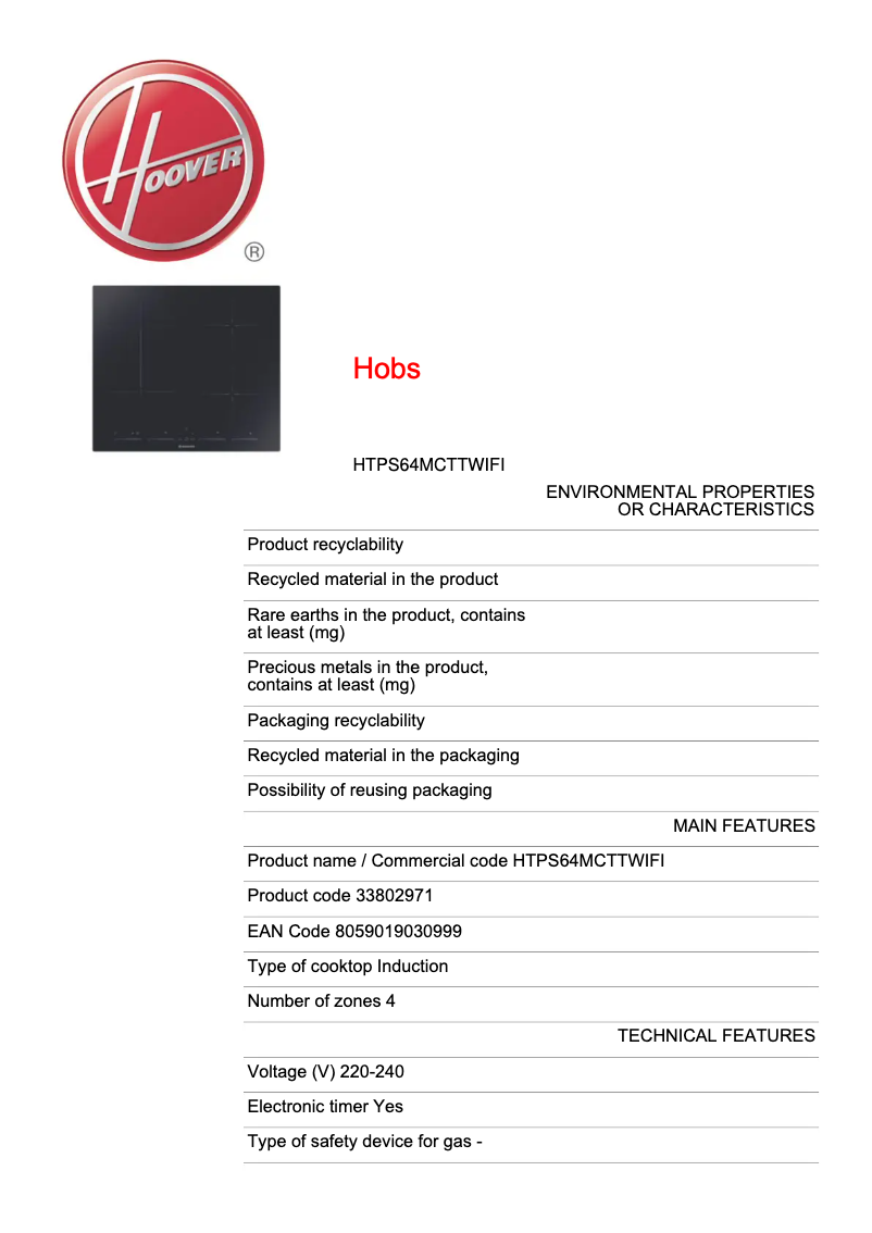 Page n°1 - Fiche technique Hoover HTPS64MCTTWIFI