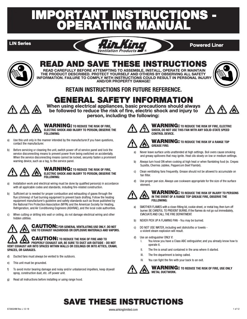 Page n°1 - Instructions / montage Air King LIN34md-600