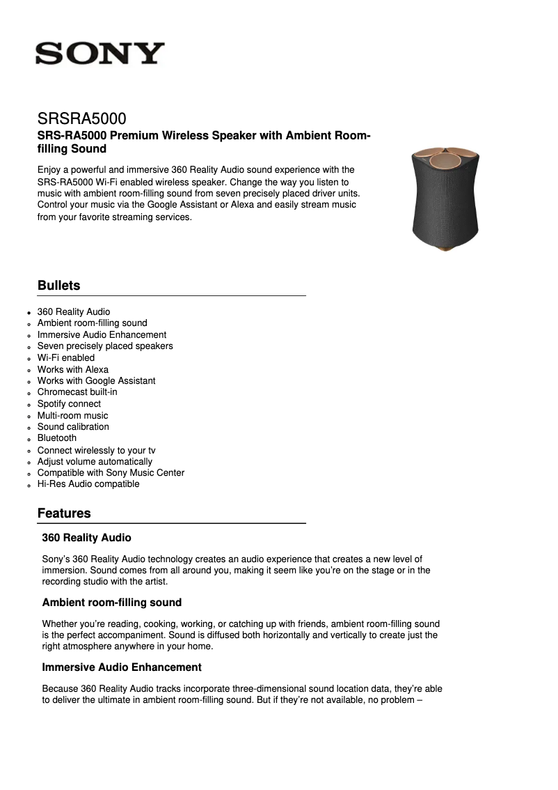 Página 1 del manual Ficha técnica Sony SRS-RA5000
