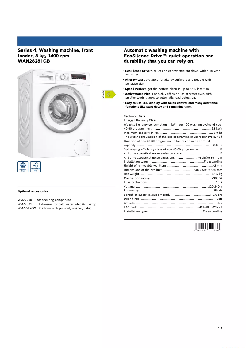 Page n°1 - Fiche technique Bosch WAN28281GB