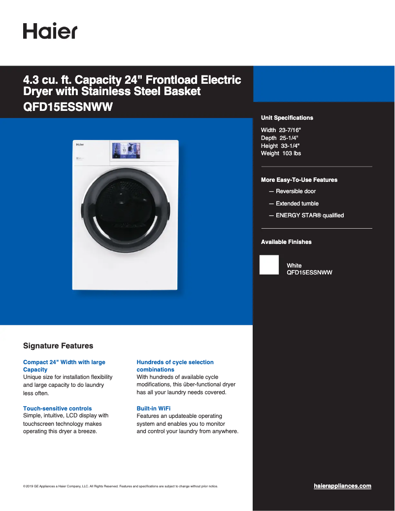 Page 1 de la notice Fiche technique Haier QFD15ESSNWW