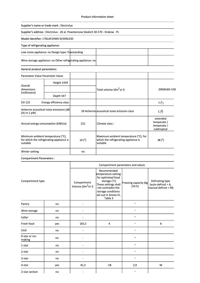 Page n°1 - Fiche technique Electrolux LTB1AF24W0