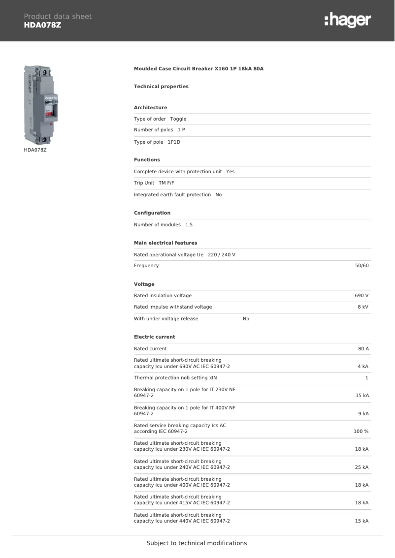 Page 1 de la notice Fiche technique Hager HDA078Z