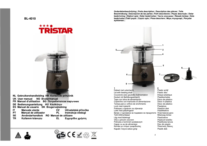 Page 1 de la notice Manuel utilisateur TriStar BL- 4010
