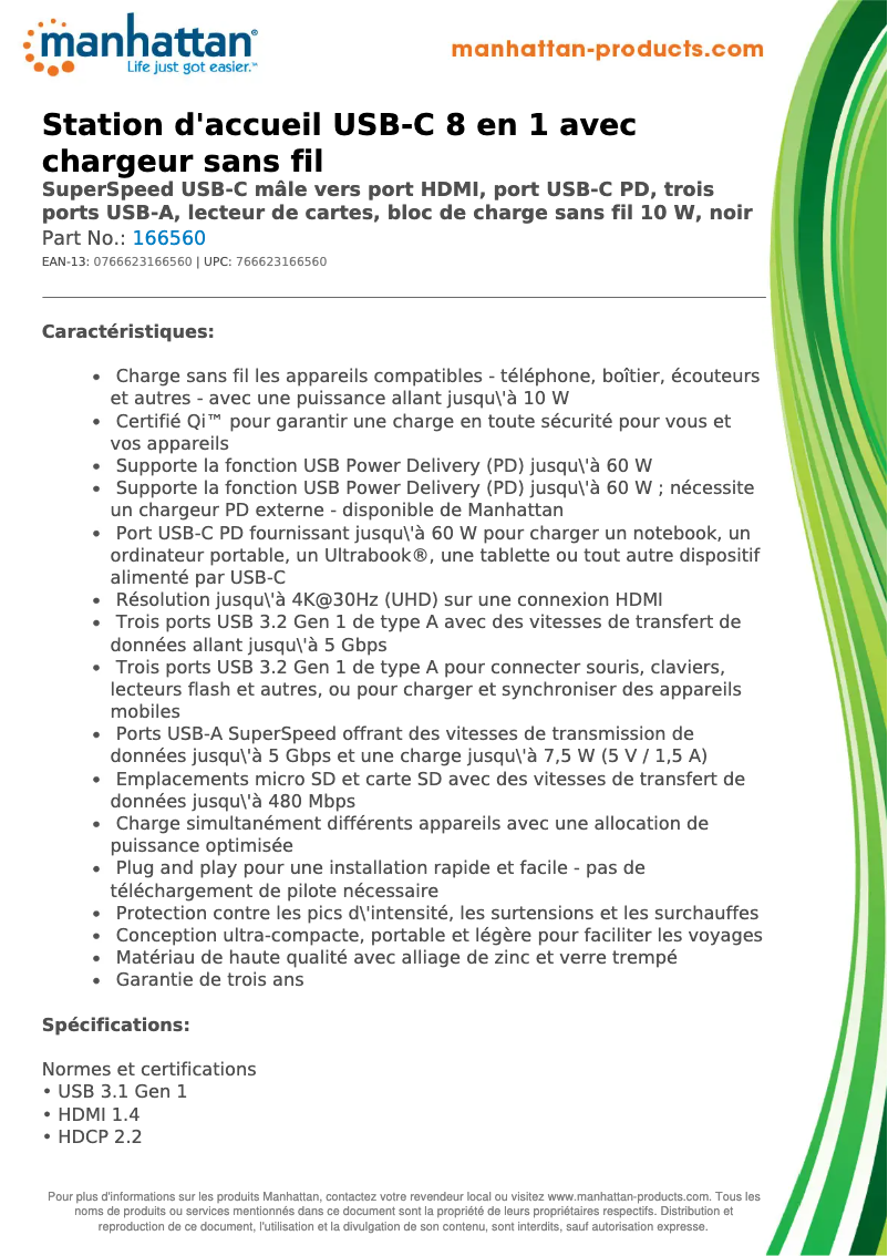 Page 1 de la notice Fiche technique Manhattan 166560