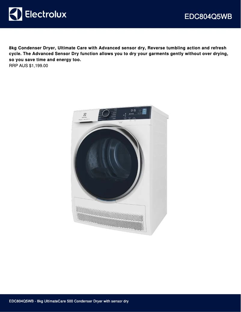 Page 1 de la notice Fiche technique Electrolux EDC804Q5WB