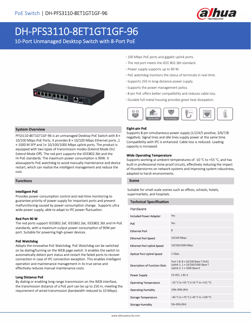 Page n°1 - Fiche technique Dahua Technology PFS3110-8ET1GT1GF-96