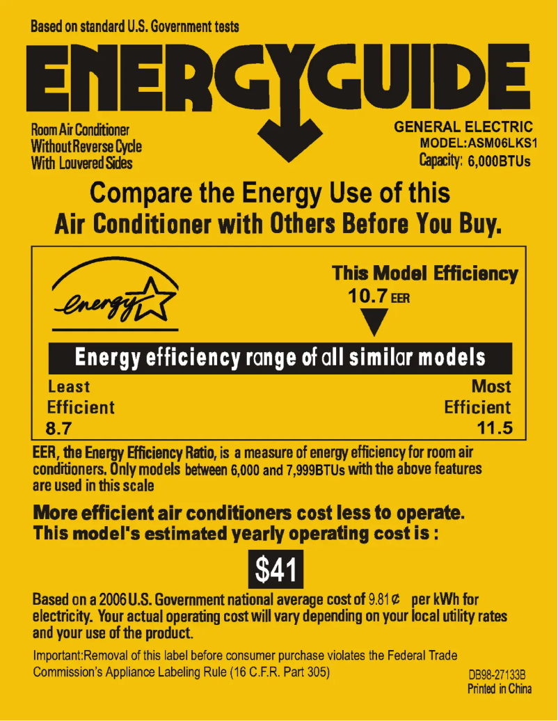 Page n°1 - Label énergétique GE ASM06LK