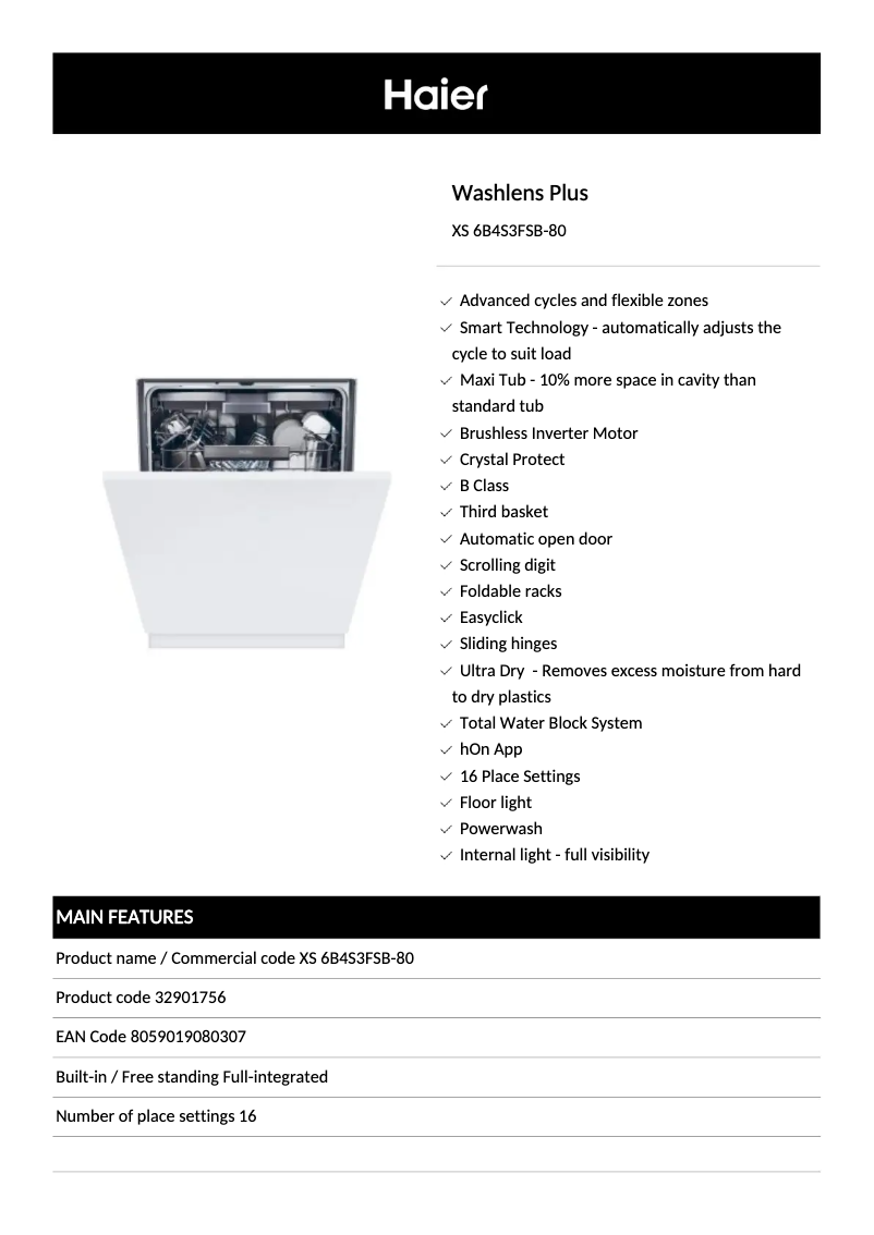 Page 1 de la notice Fiche technique Haier XS 6B4S3FSB-80