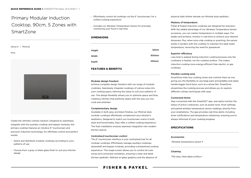 Page 1 de la notice Fiche technique Fisher & Paykel CI905DTTG1