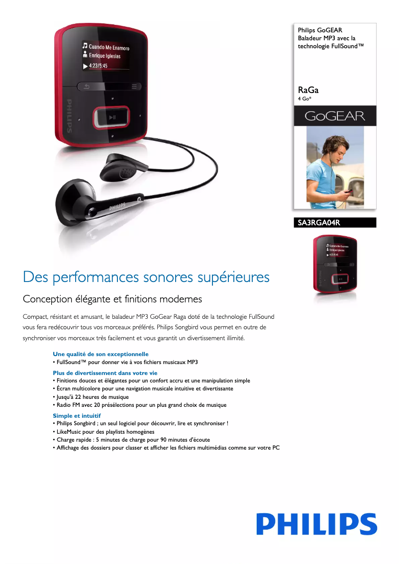 Page 1 de la notice Fiche technique Philips GoGear Raga SA3RGA04R