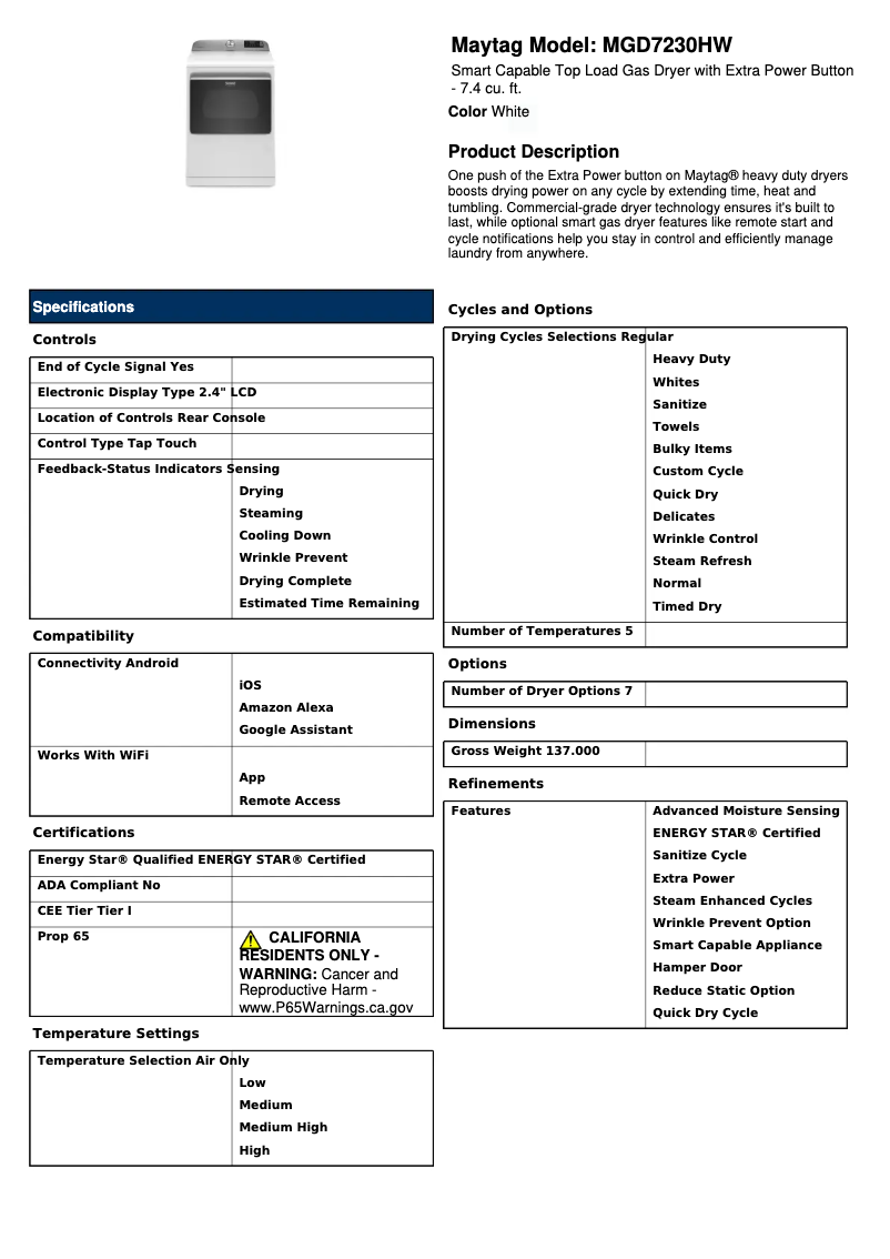 Page 1 de la notice Fiche technique Maytag MGD7230HW