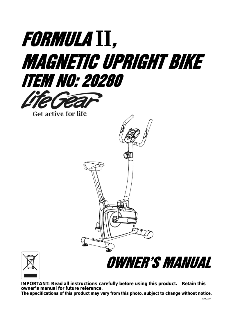 Image de la première page du manuel de l'appareil Formula II Magnetic Upright Bike 20280