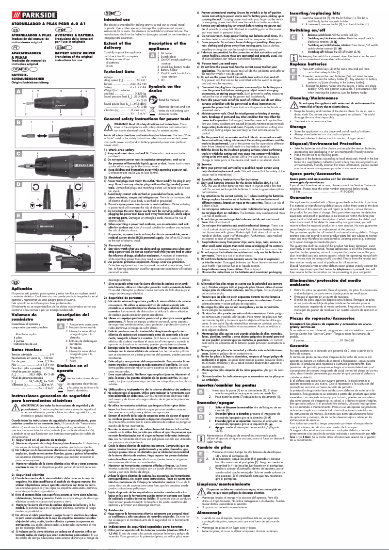 Page 1 de la notice Manuel utilisateur Parkside PSDB 6.0 A1