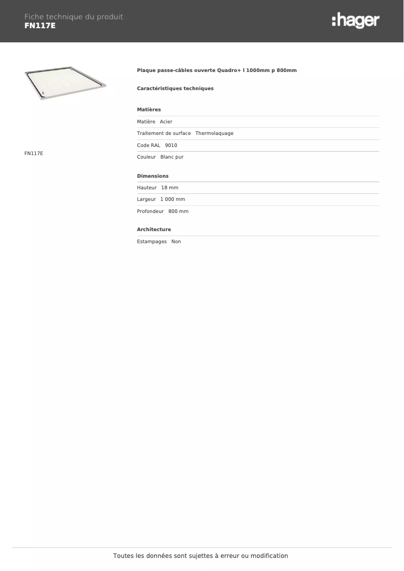 Page 1 de la notice Fiche technique Hager FN117E
