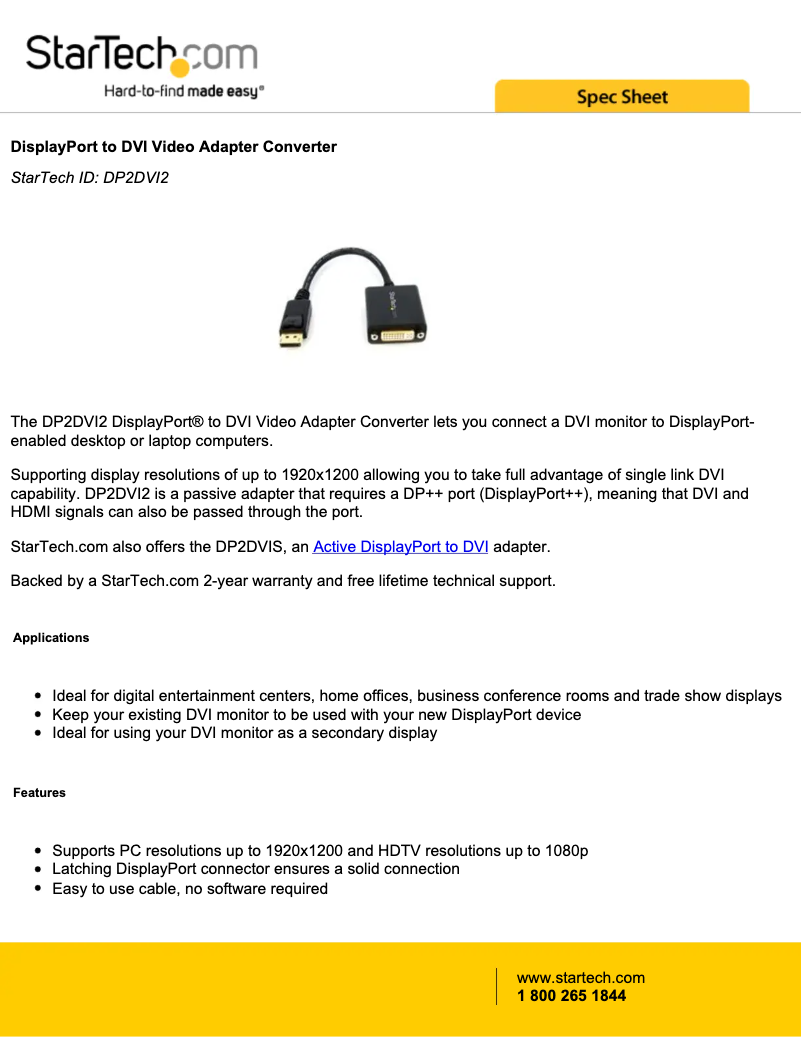 Page 1 de la notice Fiche technique StarTech.com DP2DVI2