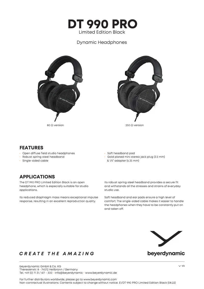 Page n°1 - Fiche technique Beyerdynamic DT 990 PRO