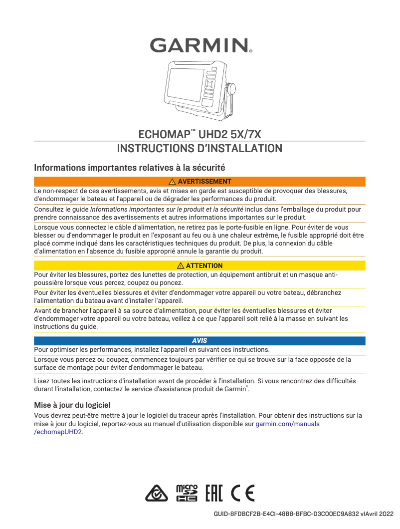 Page 1 de la notice Guide d'installation Garmin ECHOMAP UHD2 5X