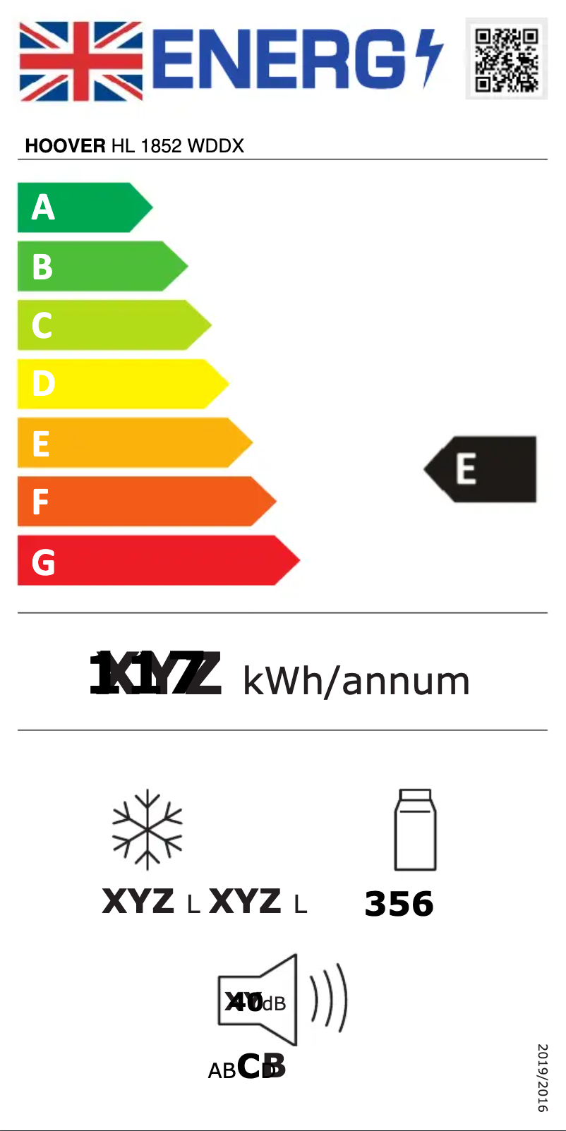 Page n°1 - Label énergétique Hoover HL 1852 WDDX