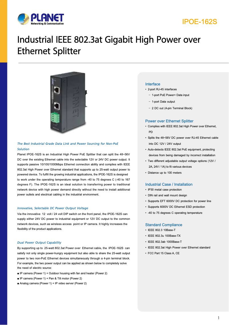 Page 1 de la notice Fiche technique Planet IPOE-162S