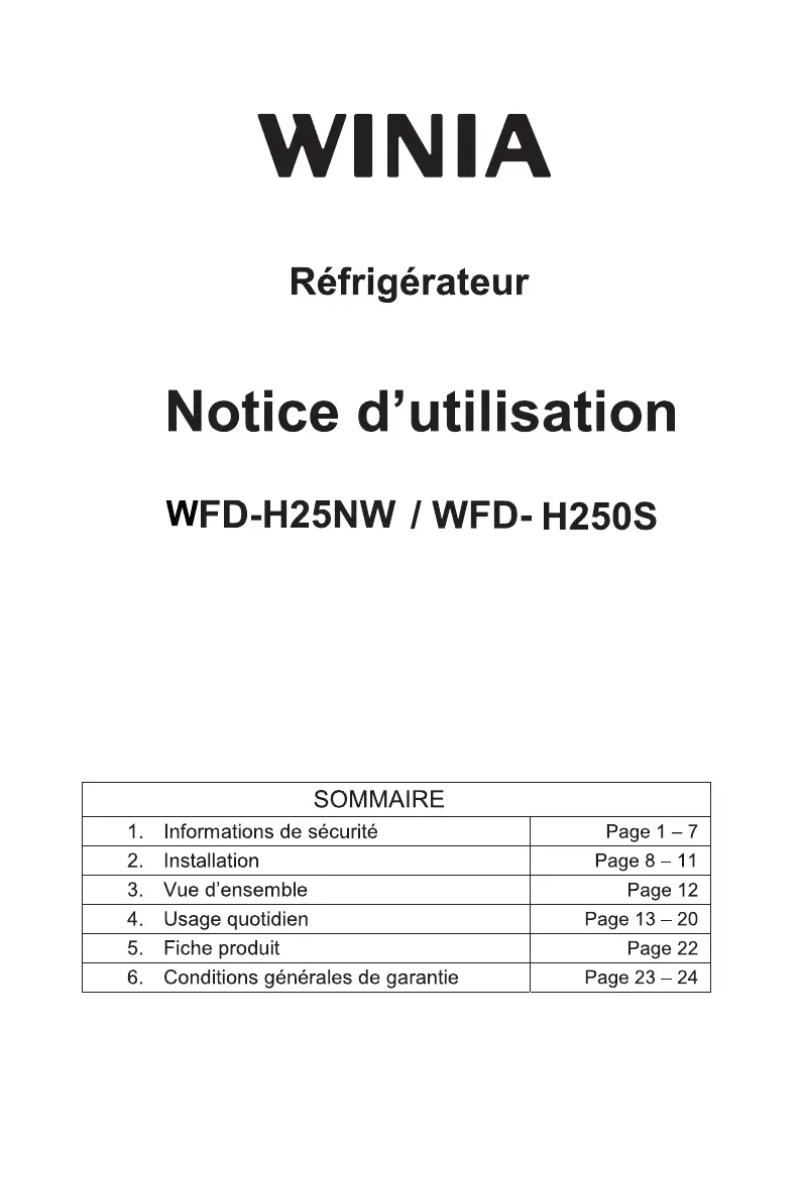 Page 1 de la notice Manuel utilisateur Winia WFD-H250S