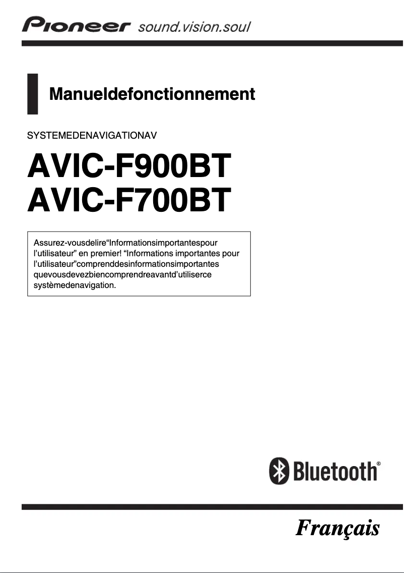 Page 1 de la notice Manuel utilisateur Pioneer AVIC-F900BT