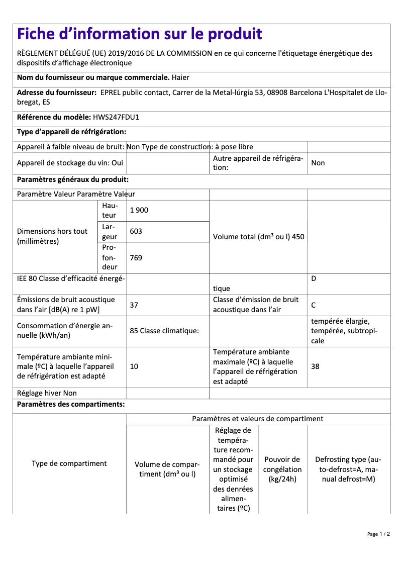 Page 1 de la notice Fiche technique Haier HWS247FDU1