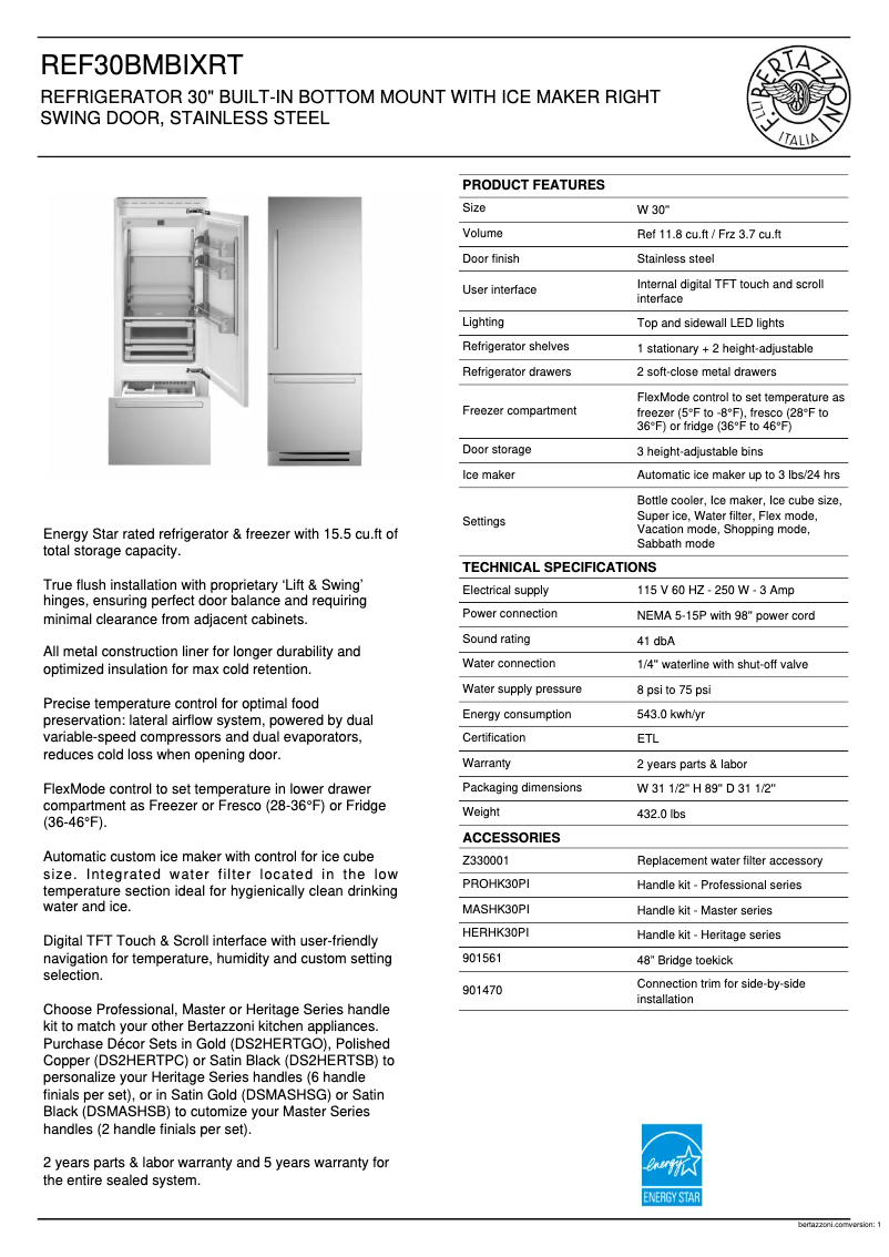 Página 1 del manual Ficha técnica Bertazzoni REF30BMBIXRT