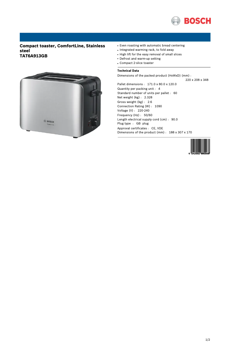 Página 1 del manual Ficha técnica Bosch ComfortLine TAT6A913