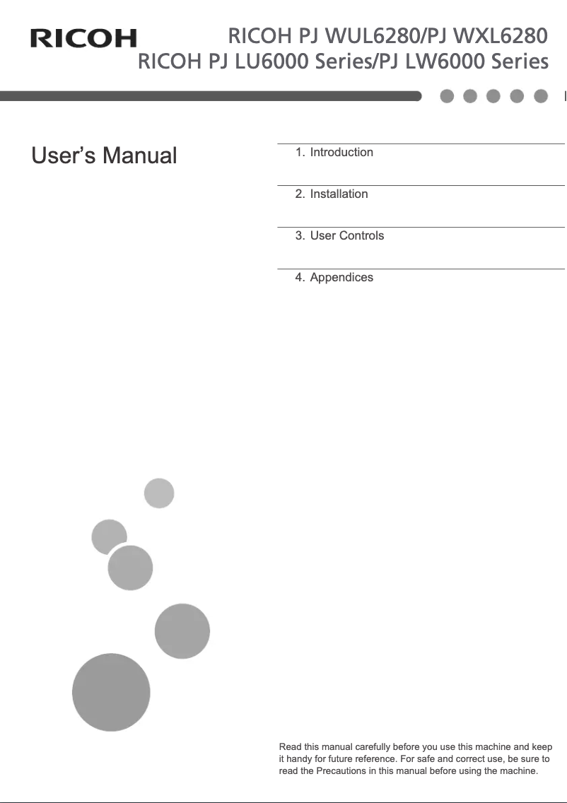 Page 1 de la notice Manuel utilisateur Ricoh PJ WXL6280