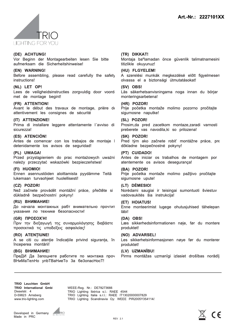 Page 1 de la notice Manuel utilisateur Trio Lighting Gaston 222710107