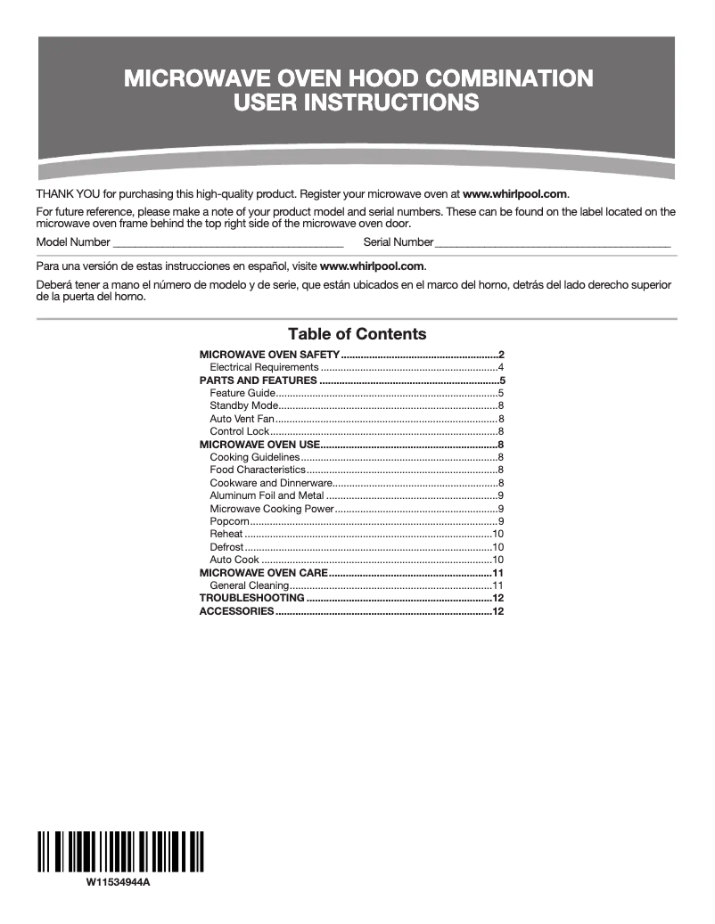 Page n°1 - Manuel utilisateur Amana UMV1170LW