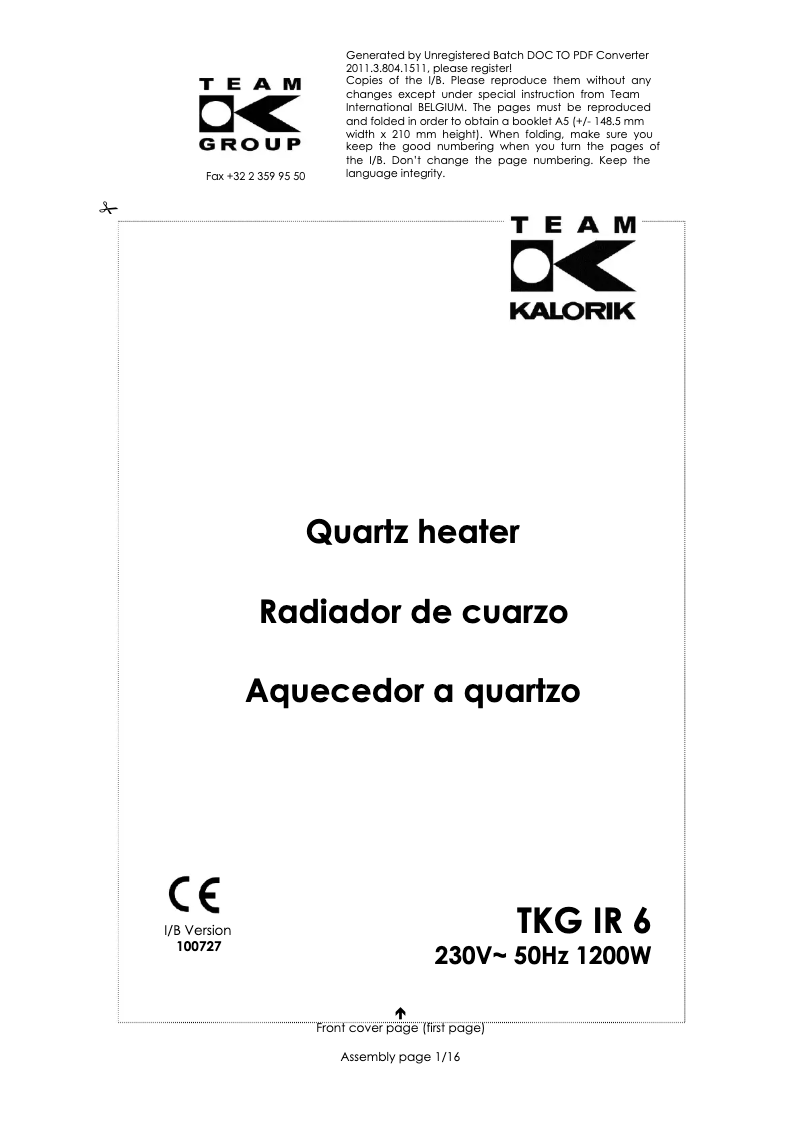 Page n°1 - Manuel utilisateur Kalorik TKG IR 6