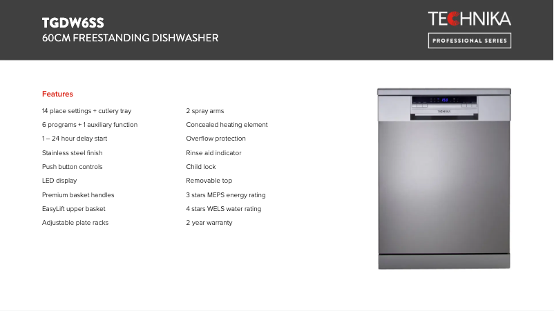 Page 1 de la notice Fiche technique Technika TGDW6SS