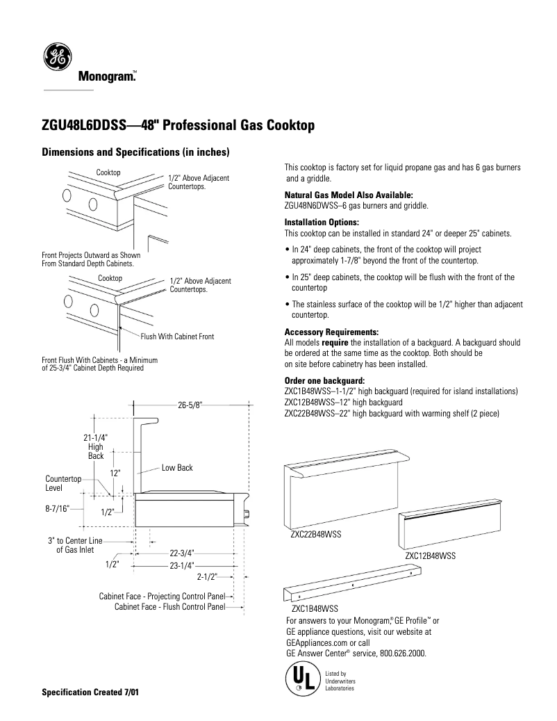 Page n°1 - Fiche technique GE ZGU48L6DDSS