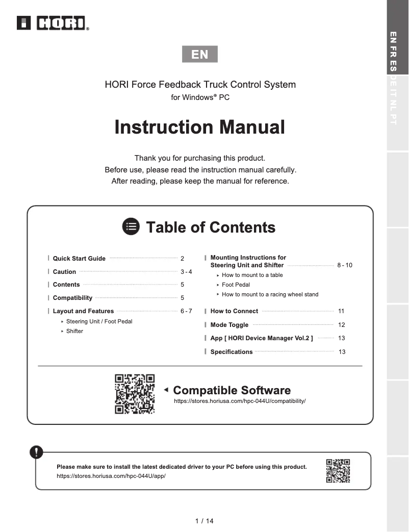 Page n°1 - Manuel utilisateur Hori Force Feedback Truck Control System