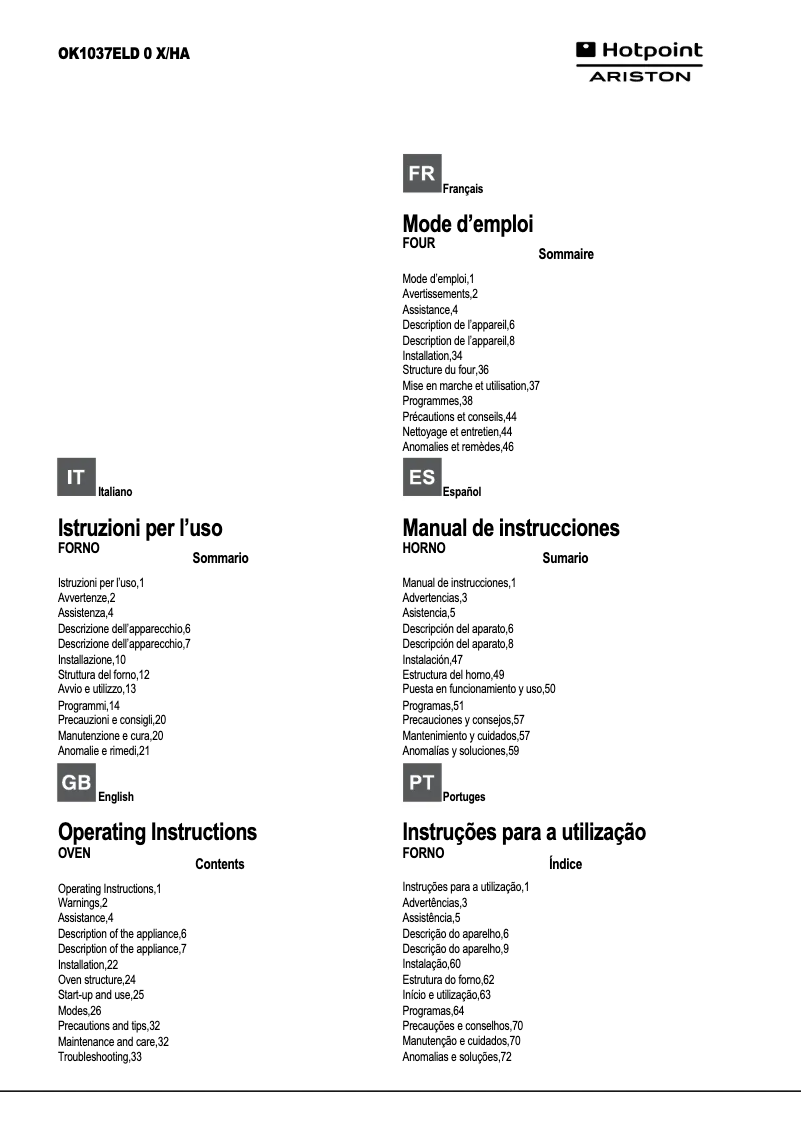 Page n°1 - Manuel utilisateur Hotpoint Ariston OK1037ELD 0 X/HA