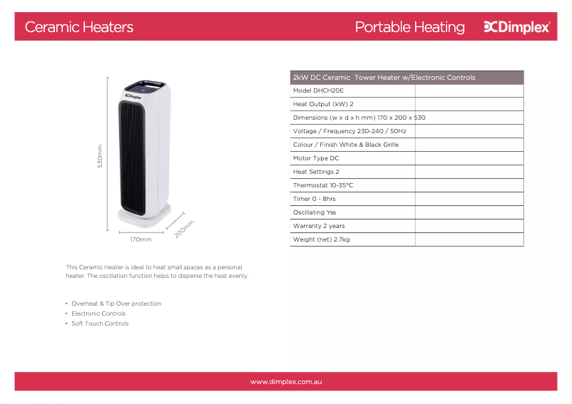 Page 1 de la notice Fiche technique Dimplex DHCH20E