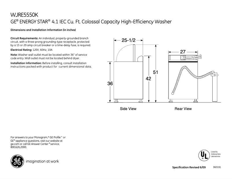 Page 1 de la notice Fiche technique GE WJRE5550KWW