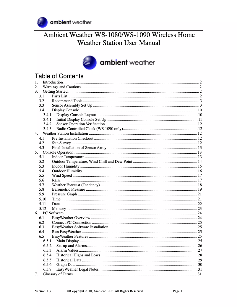 Page n°1 - Manuel utilisateur Ambient Weather WS-1080