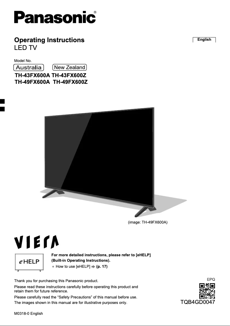Page 1 of the manual User Manual Panasonic TH-49FX600A