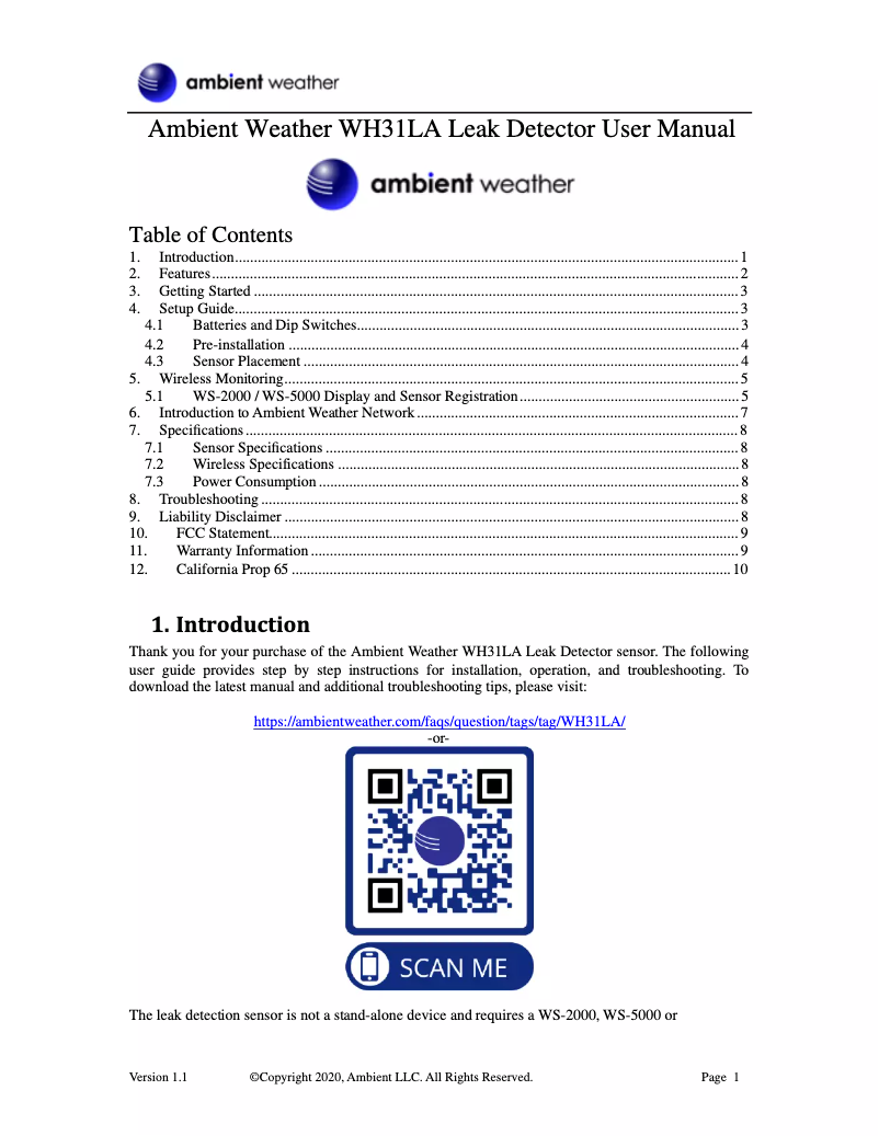 Page 1 de la notice Manuel utilisateur Ambient Weather WH31LA