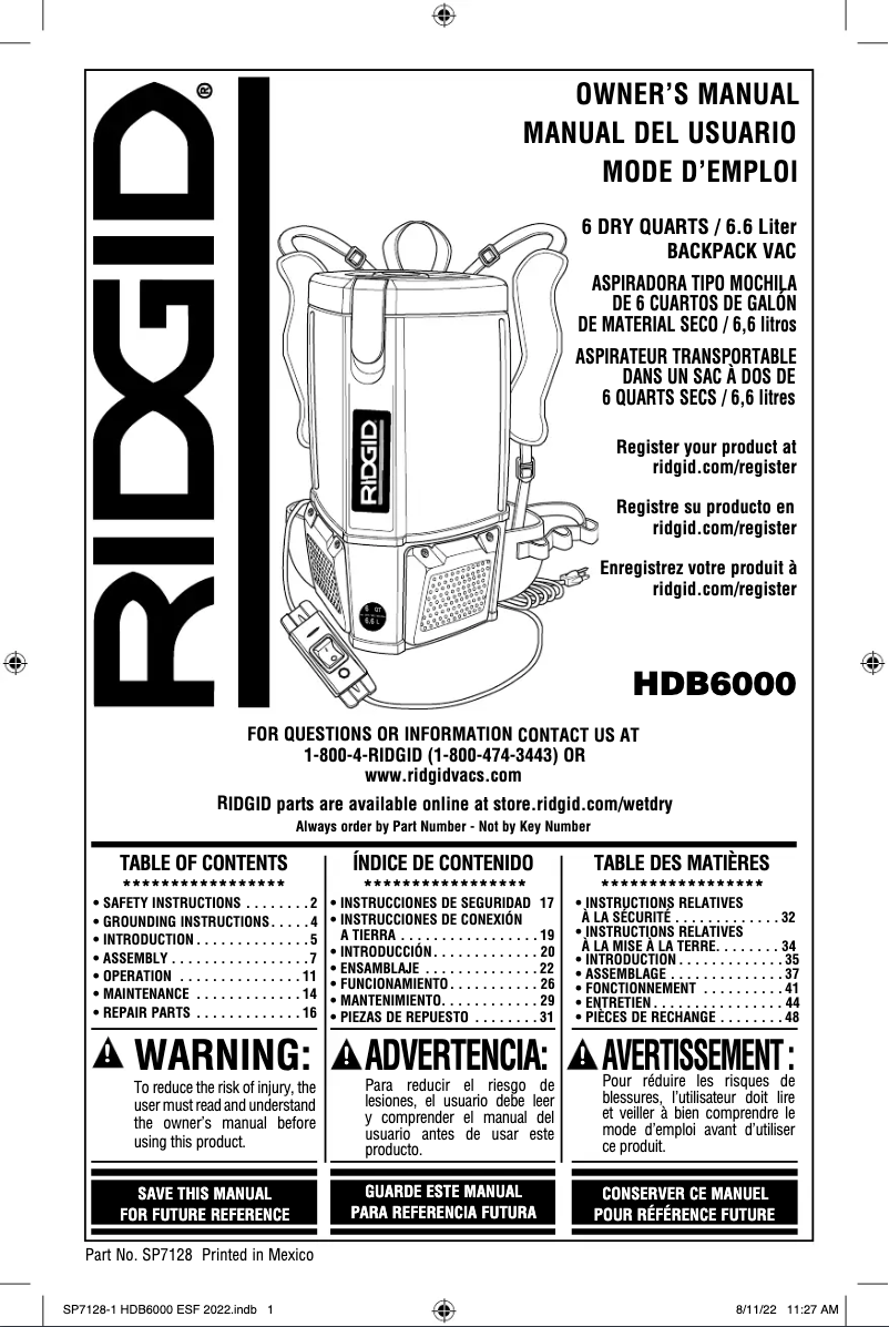 Page n°1 - Manuel utilisateur Ridgid HDB600
