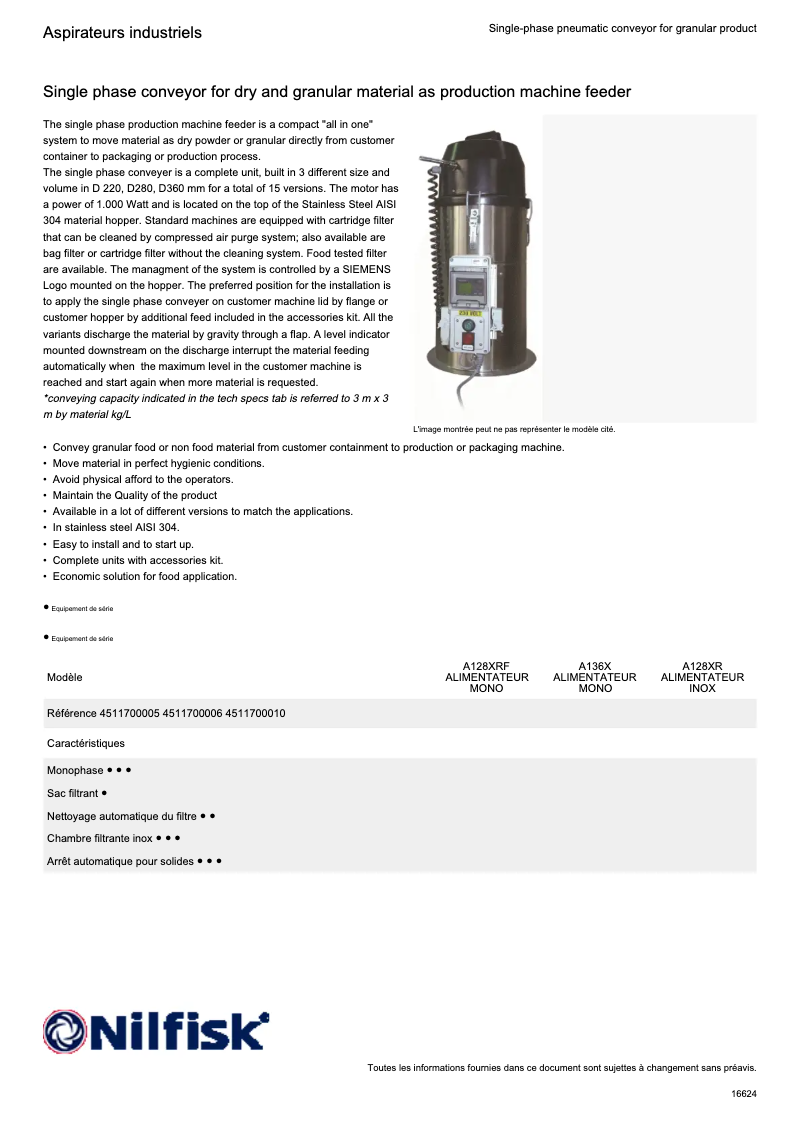 Page 1 de la notice Fiche technique Nilfisk A136